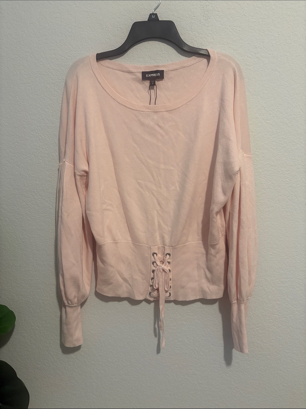 NWT Express Lace-Up Waist Sweatshirt in Pale Pink with balloon sleeves M
